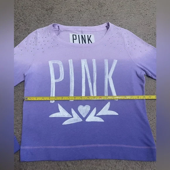 PINK Victoria’s Secret Long Sleeve Crew Neck Shirt Ombre with Rhinestones - Picture 11 of 15
